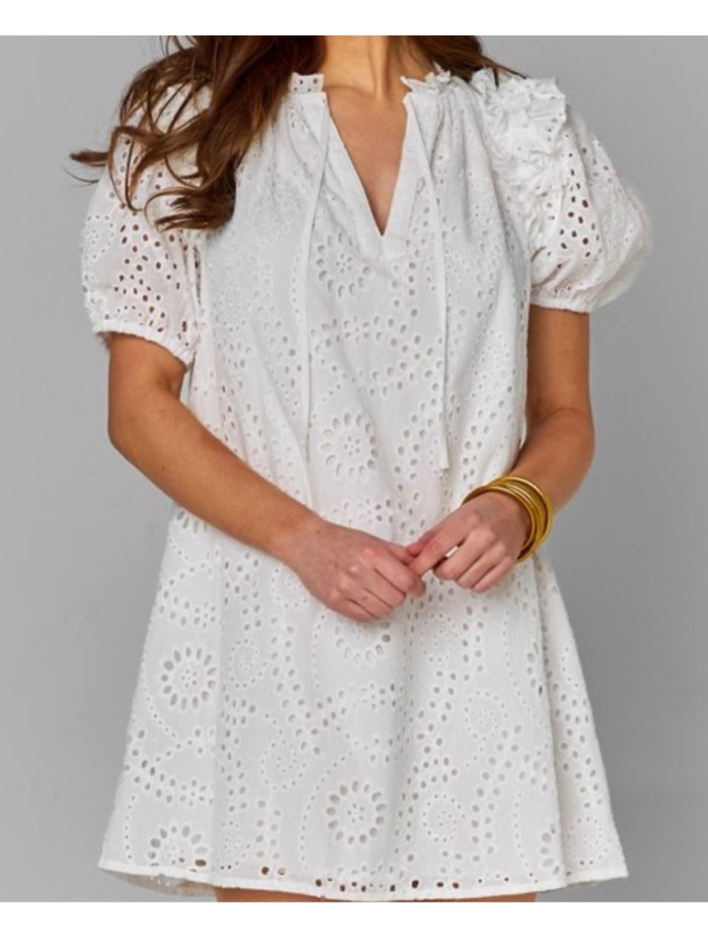 BuddyLove Women’s Large Kelly White Ivory Eyelet Puff Sleeve Mini Dress - Picture 1 of 9